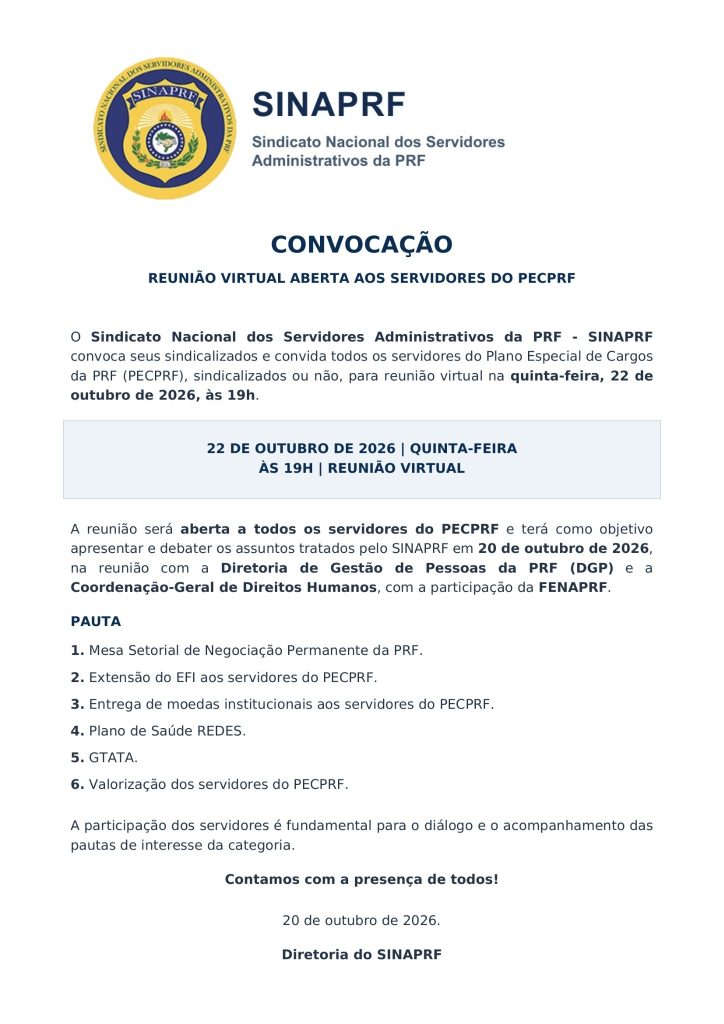 Convocação do SINAPRF para reunião virtual em 22 de outubro de 2026, às 19h