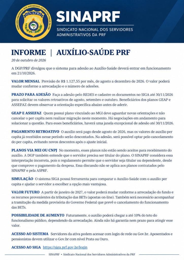 Informe do SINAPRF sobre o Auxílio-Saúde da PRF